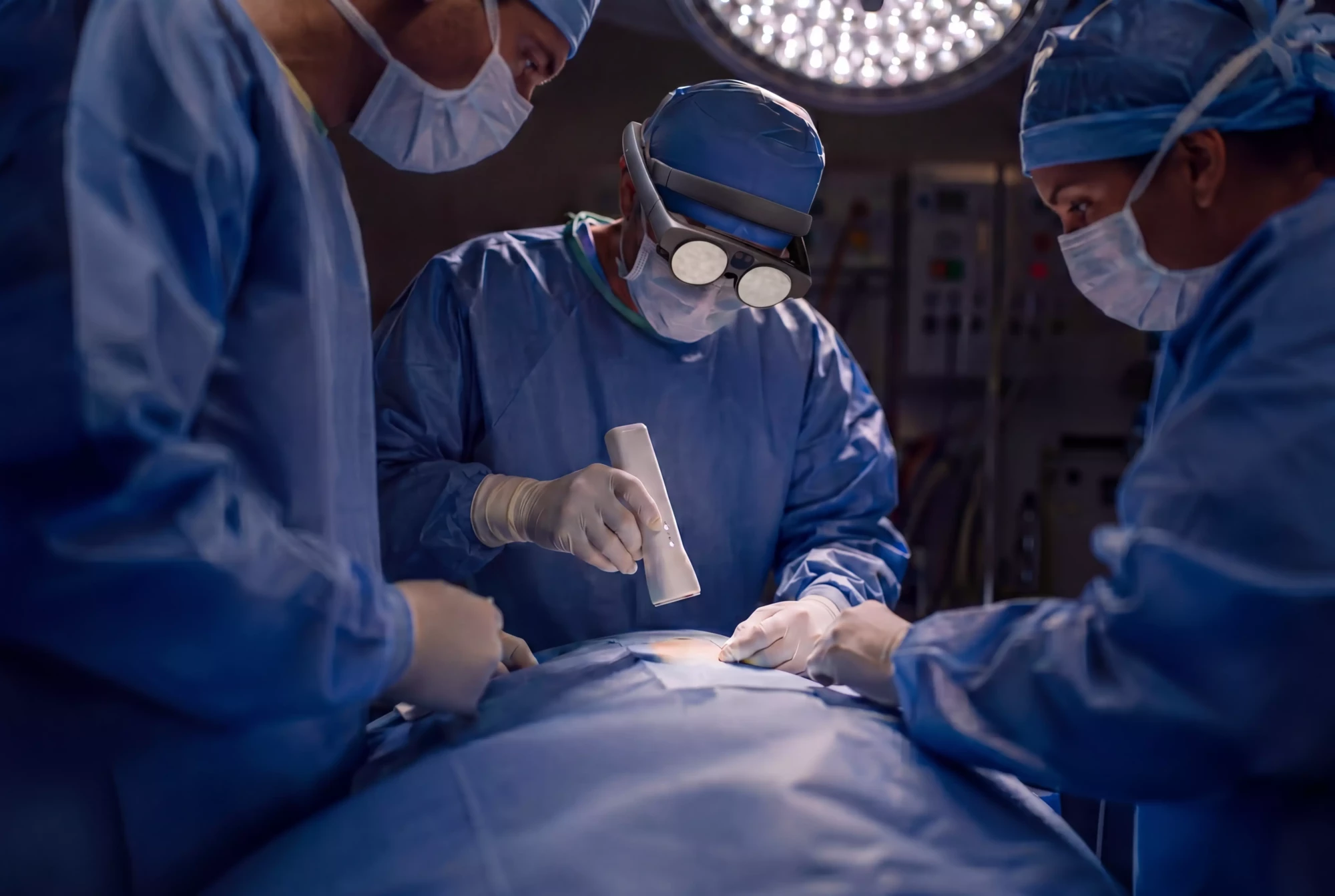 Surgeon using POSICS AR glasses in the operating room